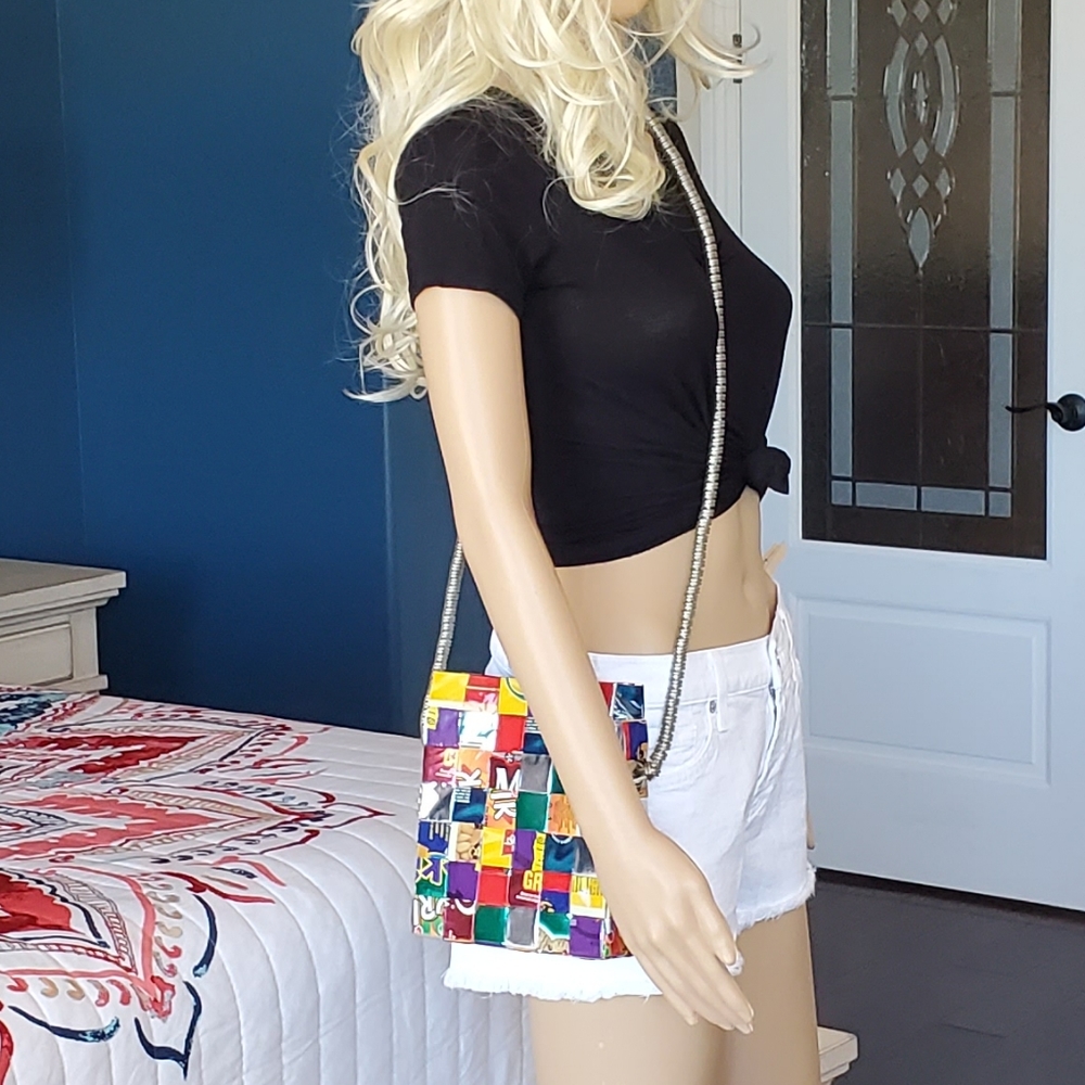 Handwoven Recycled Patchwork Crossbody Bag in Multicolor - Picture 2 of 13